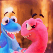 a blue and pink cartoon character with big eyes