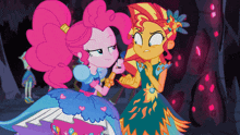 pinkie pie and sunset shimmer from my little pony equestria girls are standing next to each other