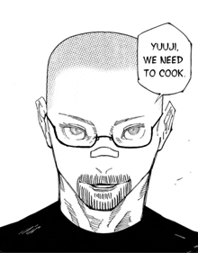 a black and white drawing of a man with glasses and a beard saying `` we need to cook '' .