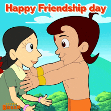 a cartoon of a boy and a girl hugging with the words happy friendship day