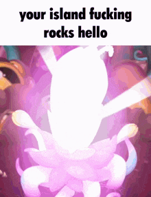 a cartoon of a flower with the words your island fucking rocks hello