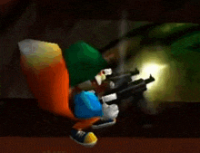 a cartoon squirrel is holding a gun in a dark room .