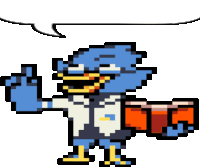 a pixel art drawing of a blue duck holding a book and giving a thumbs up .