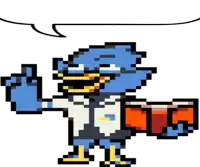 a pixel art drawing of a blue duck holding a book and giving a thumbs up .