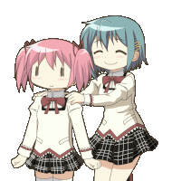 a girl with pink hair is being hugged by another girl