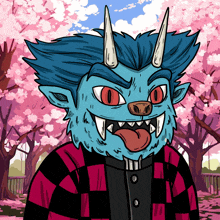 a cartoon drawing of a blue monster with horns and red eyes
