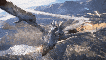 a dragon is flying over a mountain with smoke coming out of it 's mouth