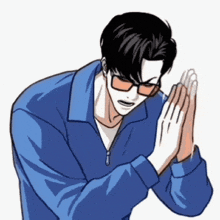 a man wearing glasses and a blue jacket is praying with his hands folded .