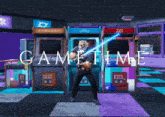 a man holding a light saber in an arcade with the words game time written on the bottom