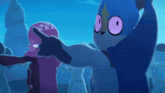 a cartoon character with a purple head and a blue body points at something