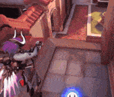 a video game character with horns and wings is flying over a building