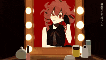 a drawing of a girl looking at herself in a mirror with japanese writing