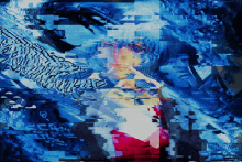 a collage of blue and red images including a person with a tattoo on their arm