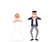 a pixel art of a bride and groom dancing together