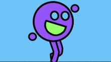 a cartoon drawing of a purple ball with a green smile on its face