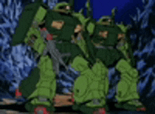 two green robots with guns are standing next to each other in a dark forest .