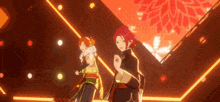 a couple of anime characters are standing next to each other on a stage in a video game .