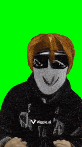 a green screen with a person wearing sunglasses and a mask that says viggle.ai on it