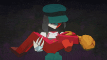 a cartoon character with a green hat is holding something