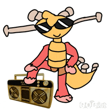 a cartoon character wearing sunglasses holds a boombox