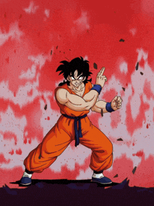 a cartoon of a man in an orange jumpsuit with a blue belt is standing in front of a red background