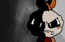 a pixel art drawing of a cartoon character with half of his face being black and half of his face being white