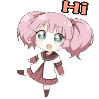 a drawing of a girl with pink hair and the word hi above her