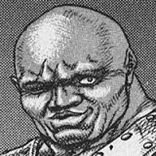 a black and white drawing of a bald man with a beard making a face .