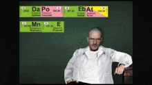 a man in a lab coat is standing in front of a periodic table of elements