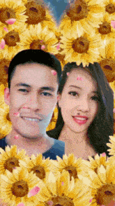 a man and woman are surrounded by sunflowers