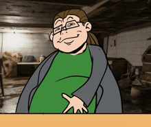 a cartoon character with glasses and a green shirt is smiling