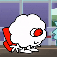 a cartoon drawing of a white cloud with red eyes and a red hat