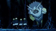 a cartoon character is fighting a monster in a dark cave