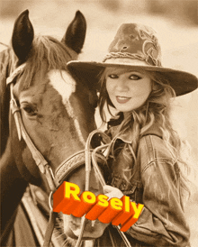 a woman in a cowboy hat is standing next to a horse with the name rosely written in orange