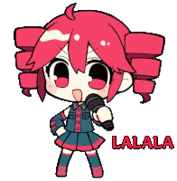 a drawing of a girl with red hair holding a microphone and the words lalala below her