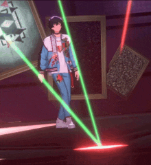 a man in a blue jacket is surrounded by green and red light rays