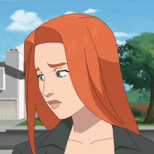 a cartoon of a woman with long red hair and green eyes
