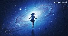 a girl in a dress is flying through a galaxy with pixverse.ai written on the bottom