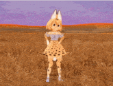 a girl in a leopard print dress stands in a field of tall grass