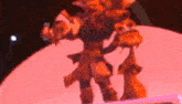 a cartoon character is standing in front of a red background .
