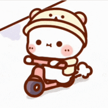 a cartoon bear wearing a hat and scarf is riding a scooter