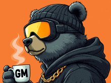 a bear wearing a beanie and goggles is holding a cup with the letter gm on it