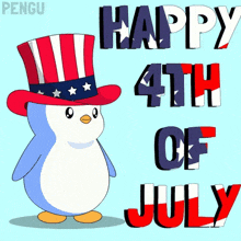 a penguin wearing a patriotic hat is standing in front of a sign that says happy 4th of july .