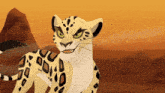a cartoon leopard with green eyes is standing in a desert