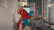 a cartoon drawing of a spider man hanging from a building