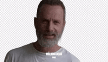 a man with a beard is wearing a white shirt and making a face .