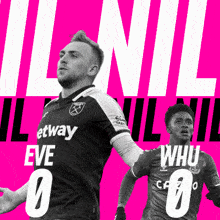two soccer players with eve and whu on their shirts