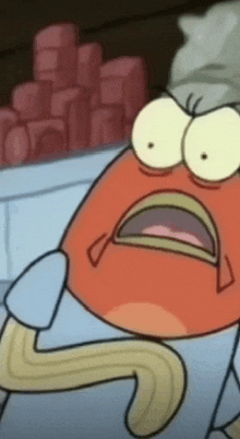a close up of a cartoon character with a surprised expression on his face .