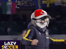 a cartoon of a man wearing glasses and a red hat with the word lazy soccer on the bottom