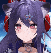 a close up of a girl with purple hair and a star on her head